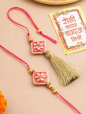 set of 2 handmade pink kundan studded bhaiya bhabhi rakhi set with roli chawal chandan & mishri 1