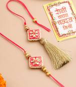 set of 2 handmade pink kundan studded bhaiya bhabhi rakhi set with roli chawal chandan & mishri