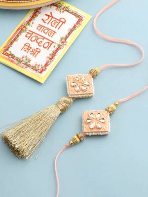 set of 2 handmade peach kundan studded bhaiya bhabhi rakhi set with roli chawal chandan & mishri 1
