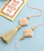 set of 2 handmade peach kundan studded bhaiya bhabhi rakhi set with roli chawal chandan & mishri