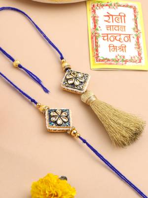 set of 2 handmade blue kundan studded bhaiya bhabhi rakhi set with roli chawal chandan & mishri 1