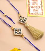 set of 2 handmade blue kundan studded bhaiya bhabhi rakhi set with roli chawal chandan & mishri