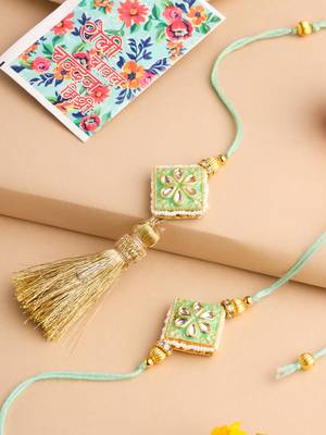 set of 2 handmade sea green kundan studded bhaiya bhabhi rakhi set with roli chawal chandan & mishri 1