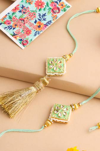 set of 2 handmade sea green kundan studded bhaiya bhabhi rakhi set with roli chawal chandan & mishri