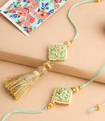set of 2 handmade sea green kundan studded bhaiya bhabhi rakhi set with roli chawal chandan & mishri