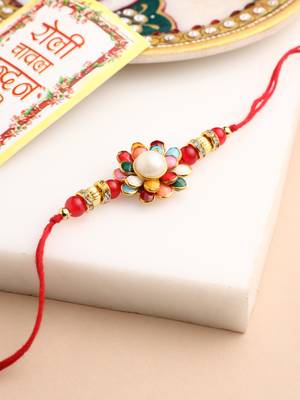 men multicolor beads & pearls floral design thread rakhi roli chawal chandan & mishri 1