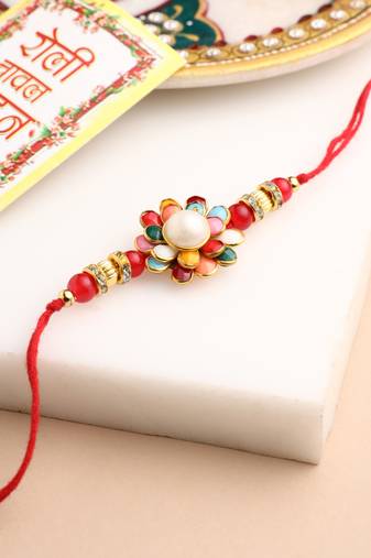 men multicolor beads & pearls floral design thread rakhi roli chawal chandan & mishri