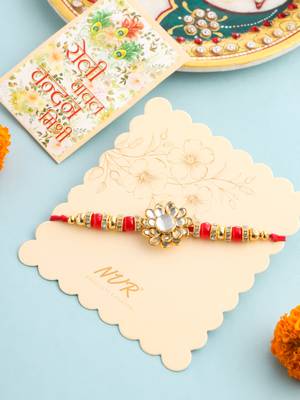men red kundan studded floral design thread rakhi with roli chawal chandan & mishri 1