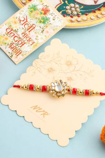 men red kundan studded floral design thread rakhi with roli chawal chandan & mishri