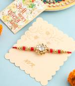 men red kundan studded floral design thread rakhi with roli chawal chandan & mishri