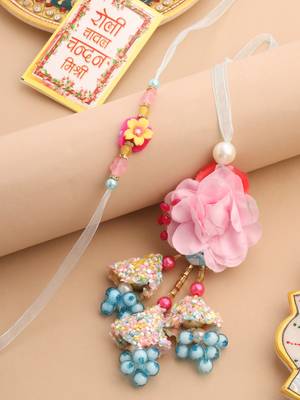 set of 2 multicolor artificial beads floral design bhaiya bhabhi rakhi with roli chawal chandan & mishri 1