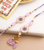 set of 2 purple artificial stones & beads floral design thread bhaiya bhabhi rakhi with roli chawal chandan & mishri