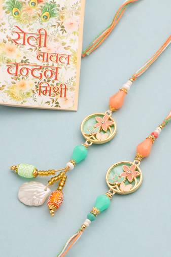 set of 2 multicolor artificial beads traditional bhaiya bhabhi pair rakhi set with roli chawal chandan & mishri