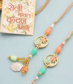 set of 2 multicolor artificial beads traditional bhaiya bhabhi pair rakhi set with roli chawal chandan & mishri