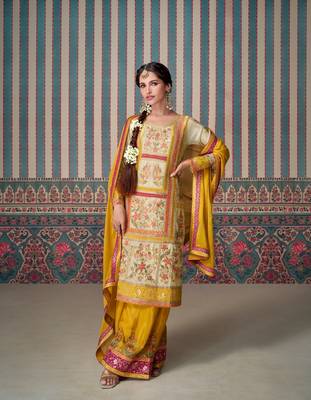 Yellow embroidered silk stitched Palazzo suit 1