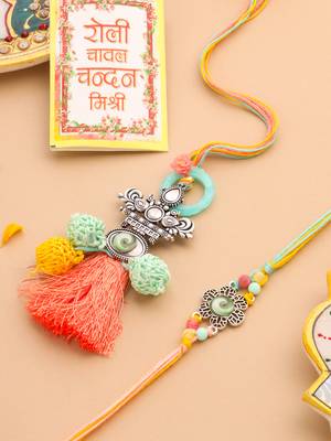 set of 2 artificial beads traditional bhaiya bhabhi pair rakhi set with roli chawal chandan & mishri 1