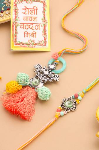 set of 2 artificial beads traditional bhaiya bhabhi pair rakhi set with roli chawal chandan & mishri