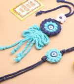 set of 2 blue evil eye floral bhaiya bhabhi rakhi with roli chawal chandan & mishri