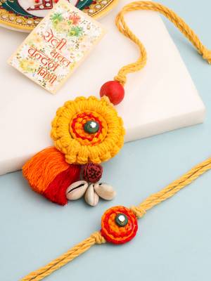  set of 2 yellow sea shell round floral design bhaiya bhabhi rakhi with roli chawal chandan & mishri 1
