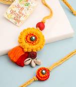  set of 2 yellow sea shell round floral design bhaiya bhabhi rakhi with roli chawal chandan & mishri