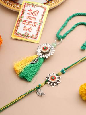  set of 2 green pearls bhaiya bhabhi thread rakhi with roli chawal chandan & mishri 1