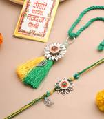  set of 2 green pearls bhaiya bhabhi thread rakhi with roli chawal chandan & mishri
