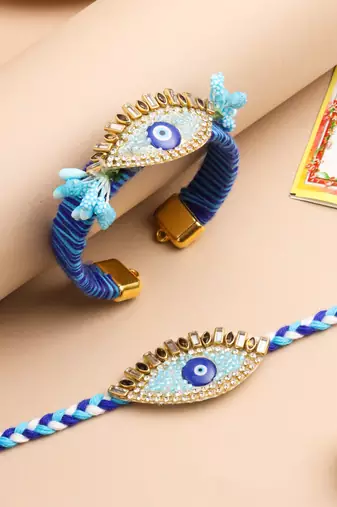  set of 2 blue evil eye & kundan studded handcrafted bhaiya bhabhi rakhi with roli chawal chandan & mishri