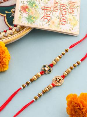   set of 2 red & gold floral design artificial stones & beads thread rakhi with roli chawal chandan & mishri 1