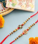   set of 2 red & gold floral design artificial stones & beads thread rakhi with roli chawal chandan & mishri