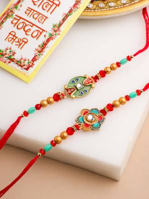   set of 2 floral design red artificial stones & beads thread rakhi with roli chawal chandan & mishri 1