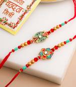   set of 2 floral design red artificial stones & beads thread rakhi with roli chawal chandan & mishri