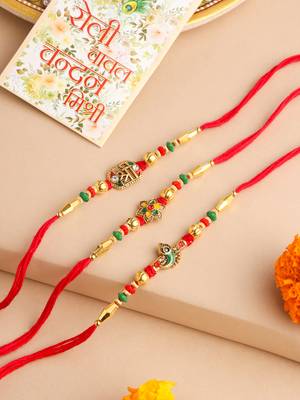   set of 3 red & gold floral design artificial stones and beads thread rakhi with roli chawal chandan & mishri 1