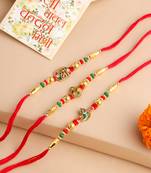   set of 3 red & gold floral design artificial stones and beads thread rakhi with roli chawal chandan & mishri