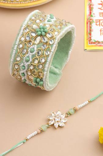  set of 2 green artificial stones bhaiya bhabhi rakhi with roli chawal chandan & mishri