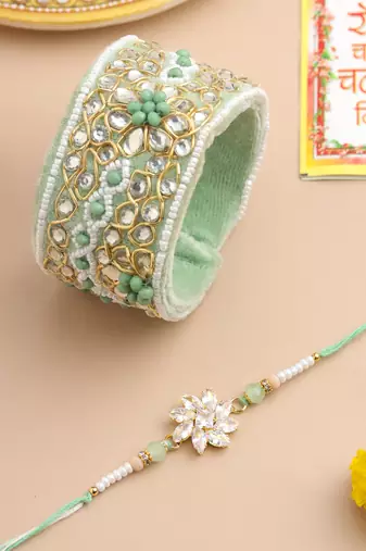  set of 2 green artificial stones bhaiya bhabhi rakhi with roli chawal chandan & mishri