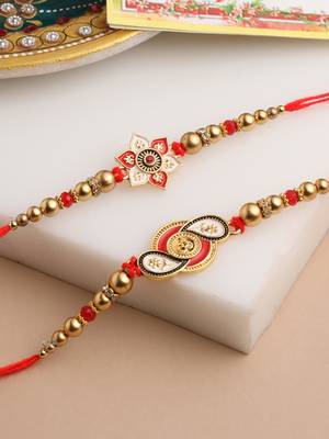   set of 2 red & gold floral design artificial beads thread rakhi with roli chawal chandan & mishri 1