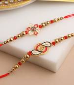   set of 2 red & gold floral design artificial beads thread rakhi with roli chawal chandan & mishri