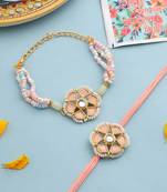  set of 2 peach color artificial stones & pearls bhaiya bhabhi rakhi with roli chawal chandan & mishri