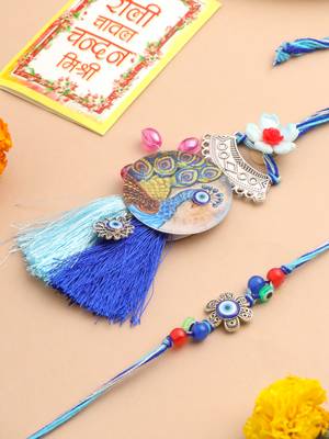  set of 2 blue evil eye & peacock design artificial beads bhaiya bhabhi rakhi with roli chawal chandan & mishri 1