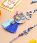  set of 2 blue evil eye & peacock design artificial beads bhaiya bhabhi rakhi with roli chawal chandan & mishri