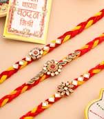   set of 3 red & yellow kundan studded floral design thread rakhi with roli chawal chandan & mishri