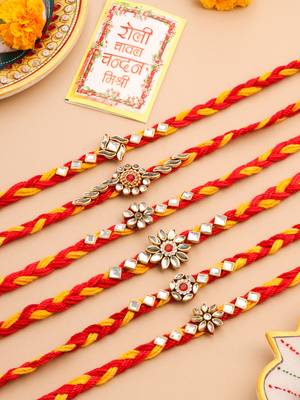   set of 6 red & yellow kundan studded floral design thread rakhi with roli chawal chandan & mishri 1