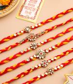   set of 6 red & yellow kundan studded floral design thread rakhi with roli chawal chandan & mishri