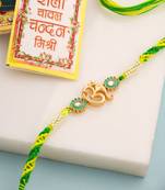 men green kundan studded om design thread rakhi with roli chawal chandan & mishri