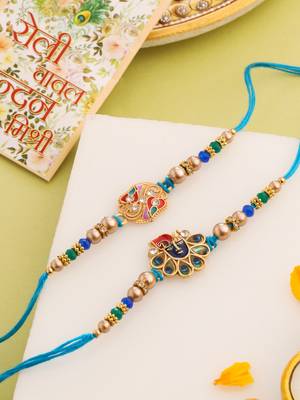   set of 2 blue artificial stones & beads thread rakhi with roli chawal chandan & mishri 1