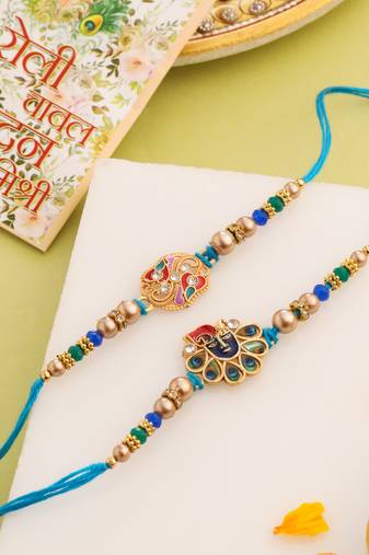   set of 2 blue artificial stones & beads thread rakhi with roli chawal chandan & mishri
