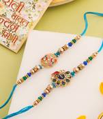   set of 2 blue artificial stones & beads thread rakhi with roli chawal chandan & mishri