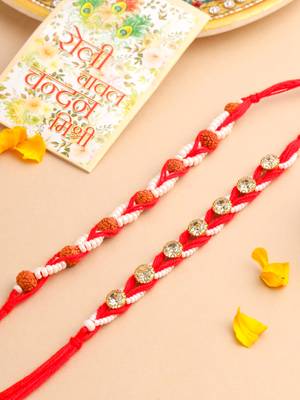   set of 2 red artificial stones & rudraksh thread rakhi with roli chawal chandan & mishri 1