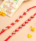   set of 2 red artificial stones & rudraksh thread rakhi with roli chawal chandan & mishri