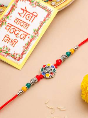 men multicolor artificial stones & beads floral design thread rakhi with roli chawal chandan & mishri 1
